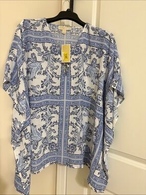 Michael Kors Blue and White Paisley-Print Tunic with Ring V-Neck